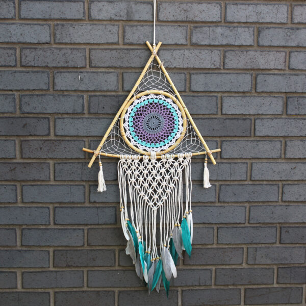 Atrapasueños - Lrg Macrame Piramide Blanco/ Turquesa - Imagen 2